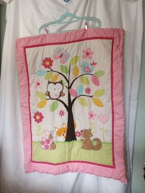 Pink Woodland Animals Quilted Baby Blanket by